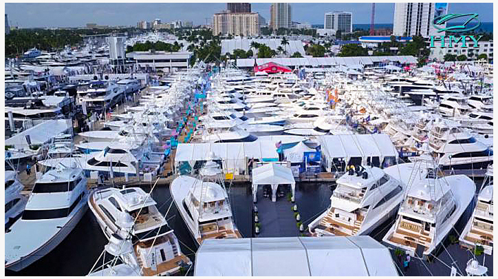 Boat show, boats packed into marina.